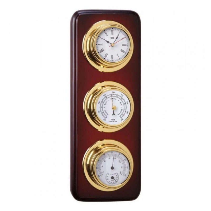 Anvi Barometer,Thermometer,Hygrometer,Clock - Brass,Dark Wood - Rectangular