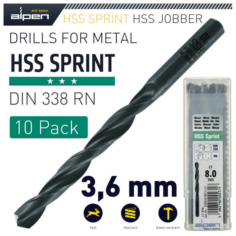 Alpen HSS Sprint Drill Bit 3.6mm Bulk Ind.Pack