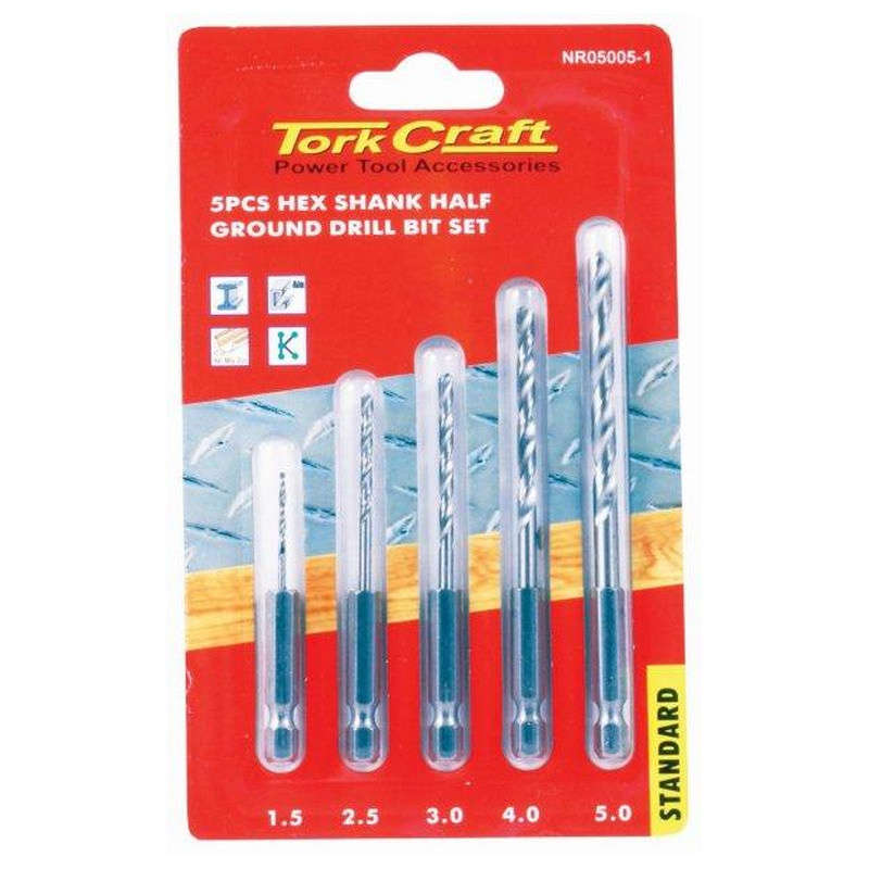 Tork Craft Drill Bit Set 5pcs Half Ground,Polished Hex Shank 1.5/2.5/3/4/5mm