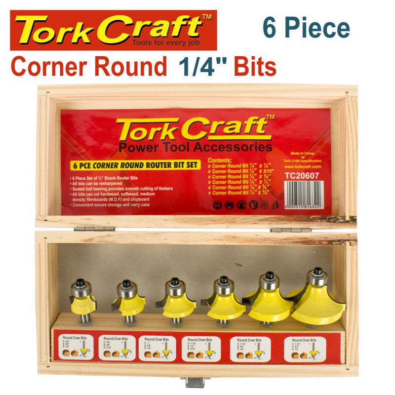Tork Craft Router Bit Set 6pc Corner Round Wood Case