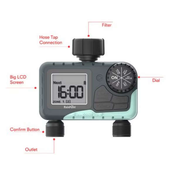 RainPoint Digital Irrigation Timer 2 Zone Sprinkler Water Garden