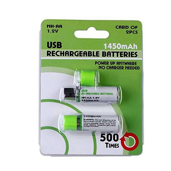 2-Pack USB Rechargeable AA Batteries (1.2V 1450mAh)