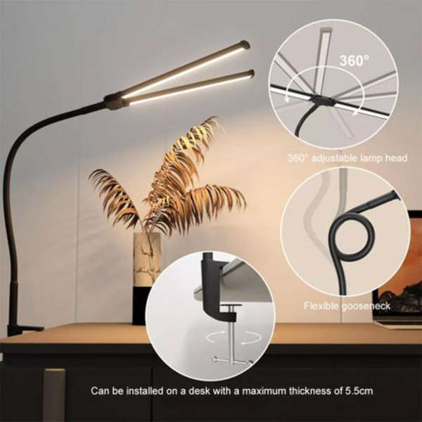Flexible Double Head USB Desk Clamp LED Lamp - 3 Colour Modes, Dimmable