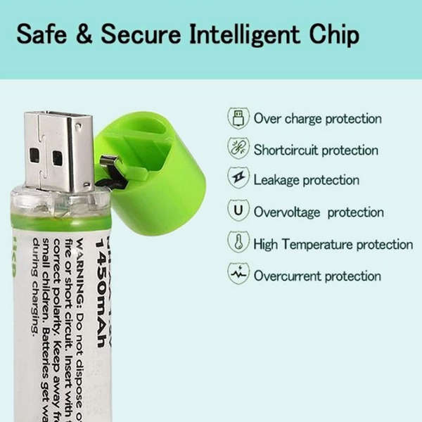2-Pack USB Rechargeable AA Batteries (1.2V 1450mAh)
