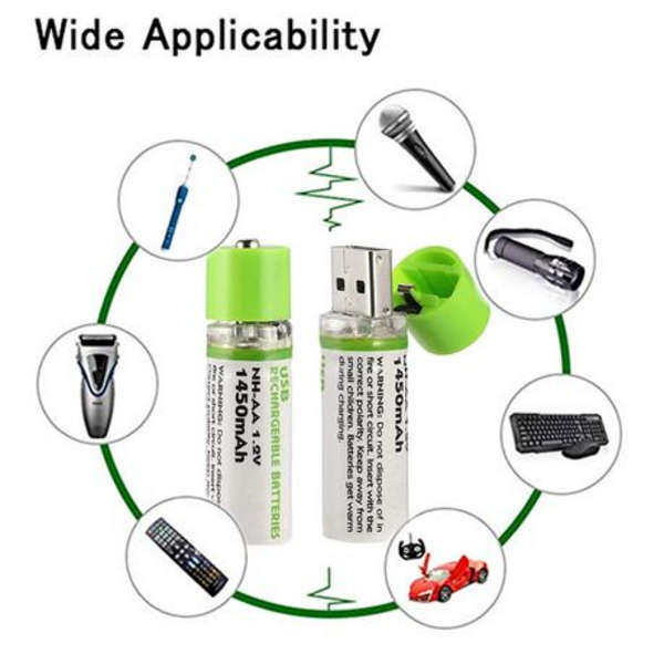 2-Pack USB Rechargeable AA Batteries (1.2V 1450mAh)