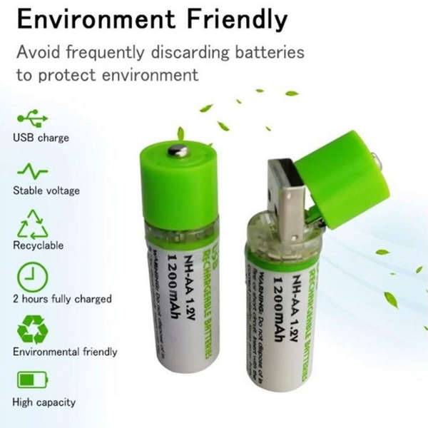 2-Pack USB Rechargeable AA Batteries (1.2V 1450mAh)