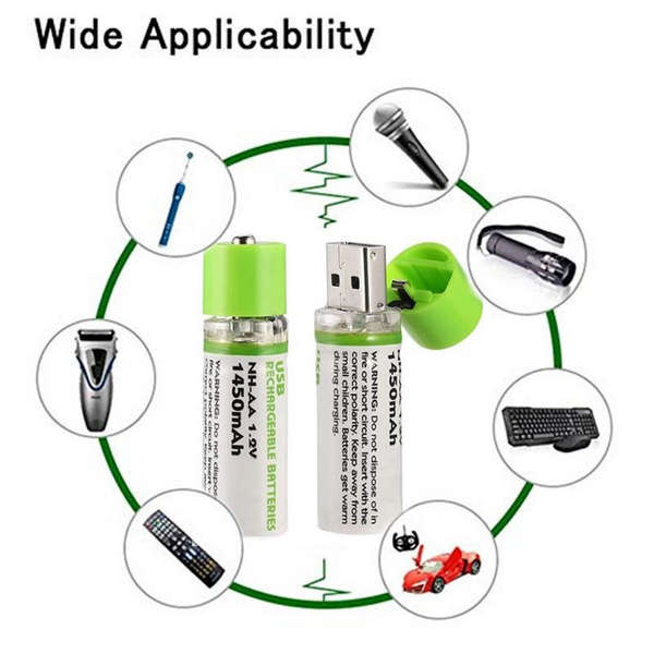 2-Pack USB Rechargeable AA Batteries (1.2V 1450mAh)