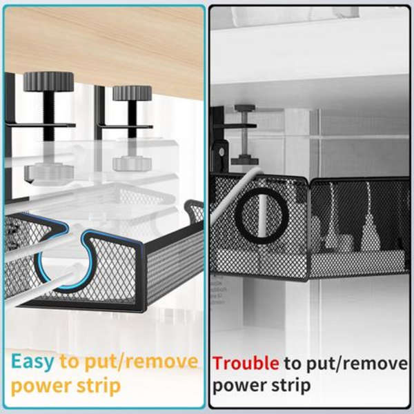 Under Desk Clamp-On Cable Management Tray-Metal Mesh with Cord Clips &amp; Ties