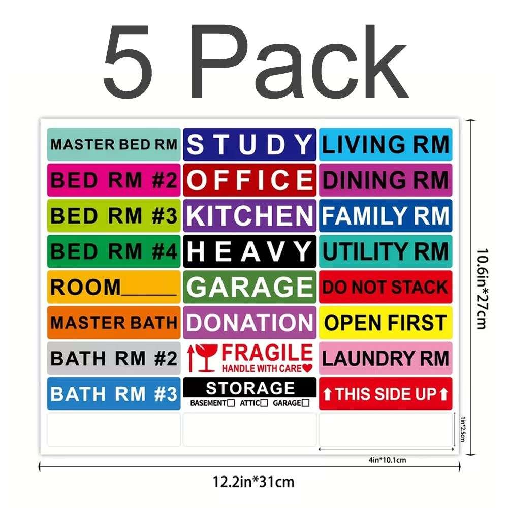 Moving Box Label Stickers 5-Pack - Room & Handling Labels