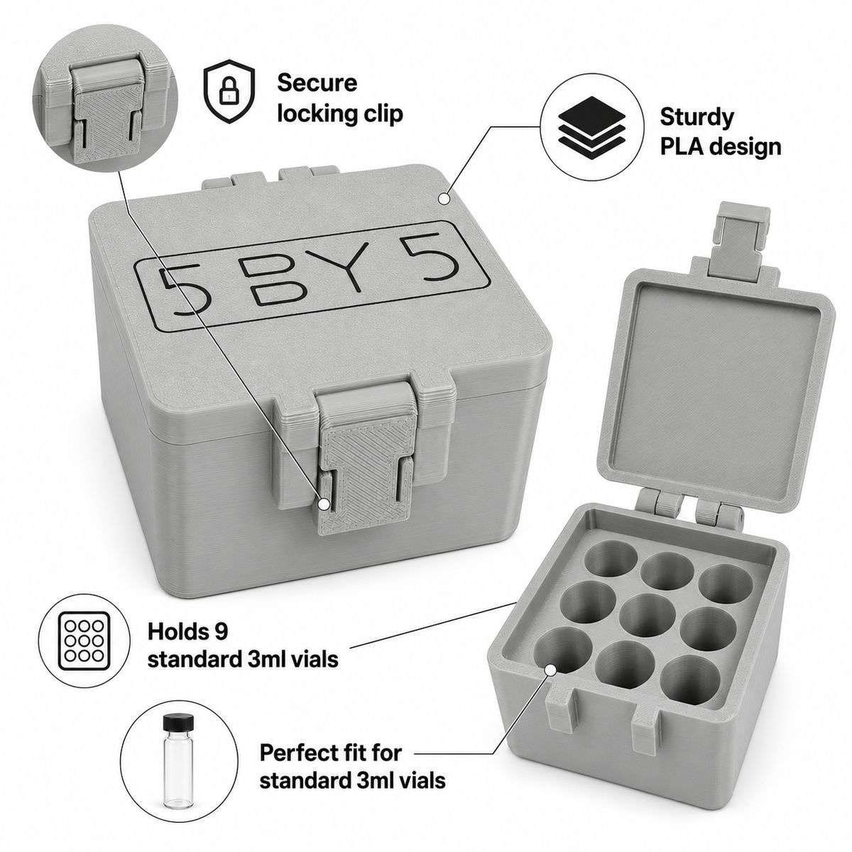 5BY5 Peptide Travel Container Compatible With Standard 3ml Vials - 9 Slot