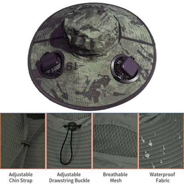 Solar Fan Boonie Hat - Dual-Fan Cooling, Solar + USB Power - Camo