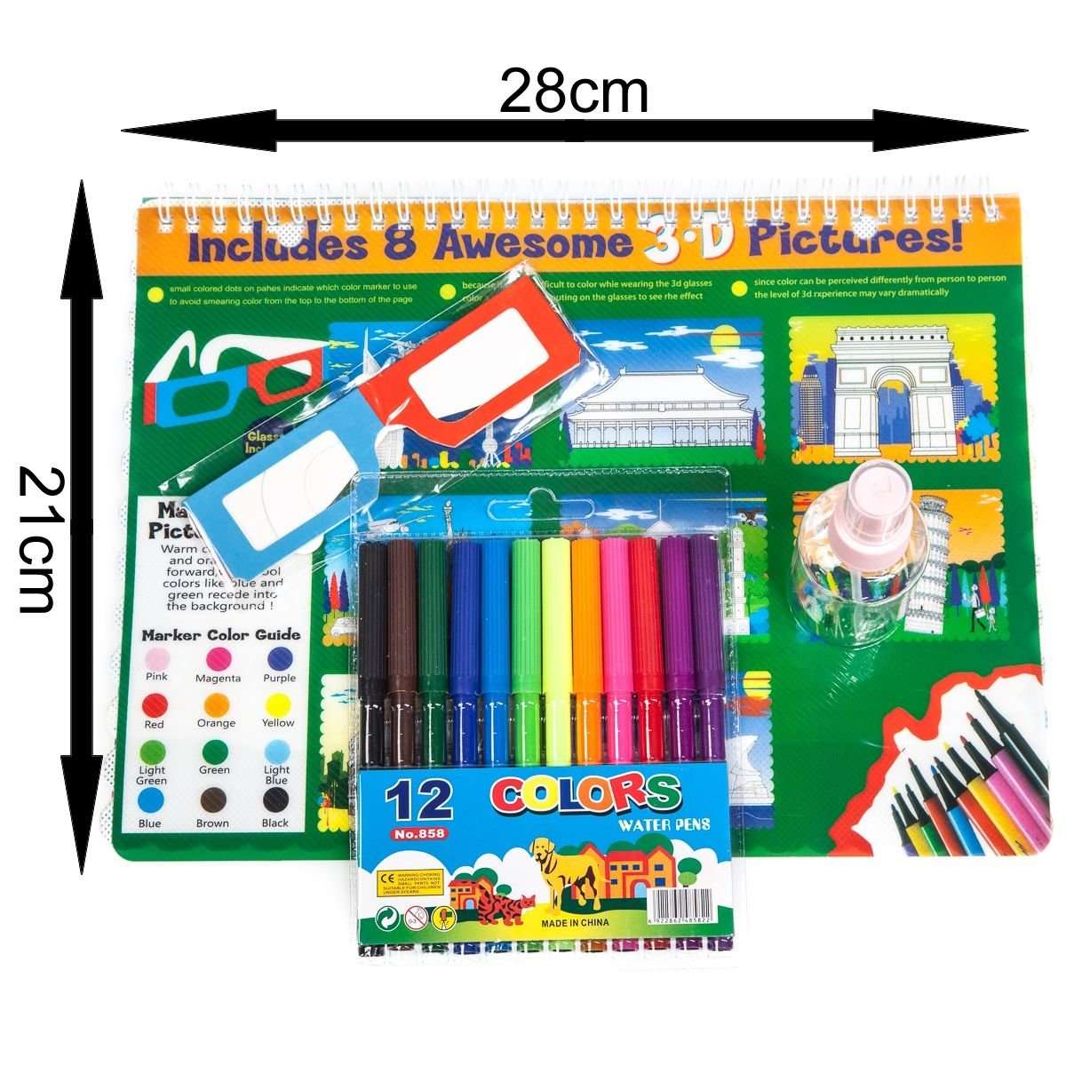3D Colouring Set with 12 Markers, 3D Glasses & Spray Bottle (Landmarks)