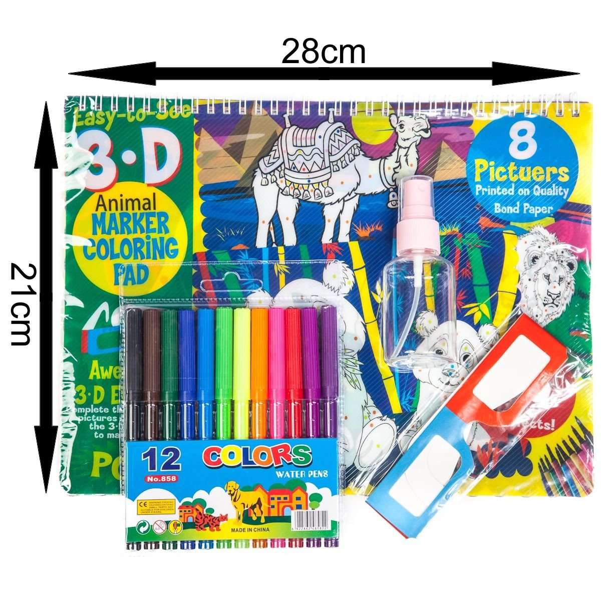 3D Colouring Set with 12 Markers, 3D Glasses & Spray Bottle (Animals)