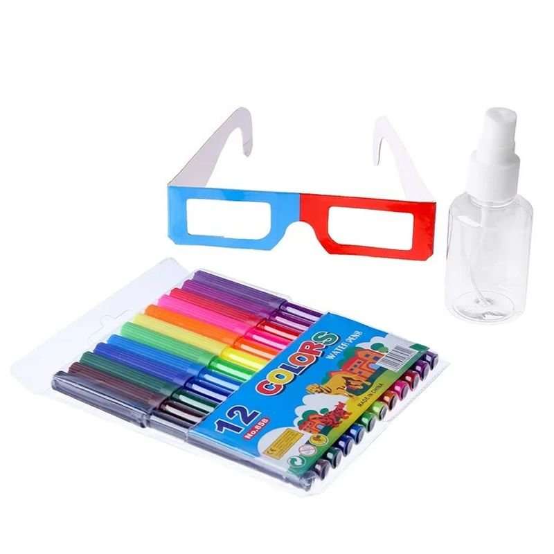 3D Colouring Set with 12 Markers, 3D Glasses & Spray Bottle (Animals)