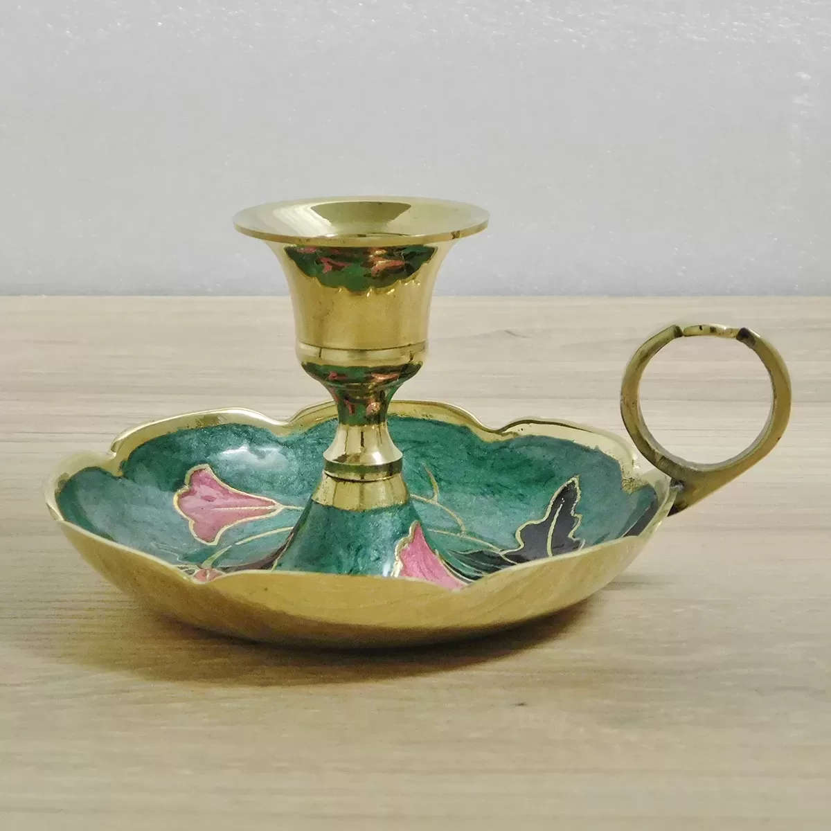 Green Enamelled Brass Candle Holder