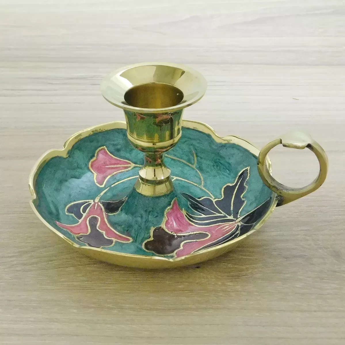 Green Enamelled Brass Candle Holder