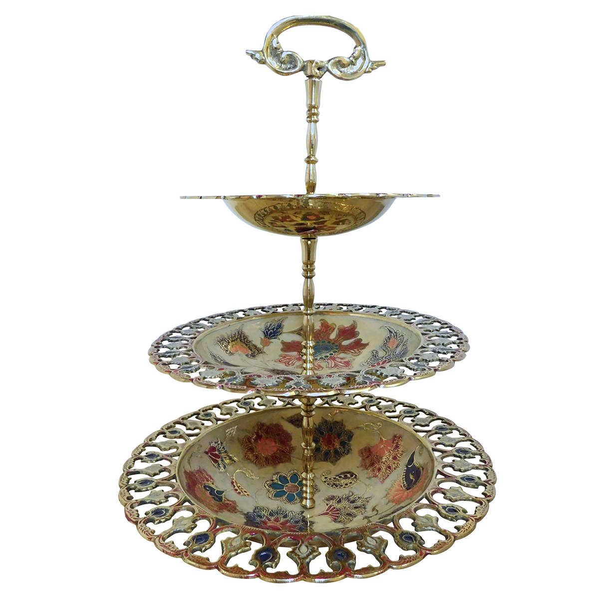 3-Tier Jali Brass Serving Stand with Enamel Paintwork