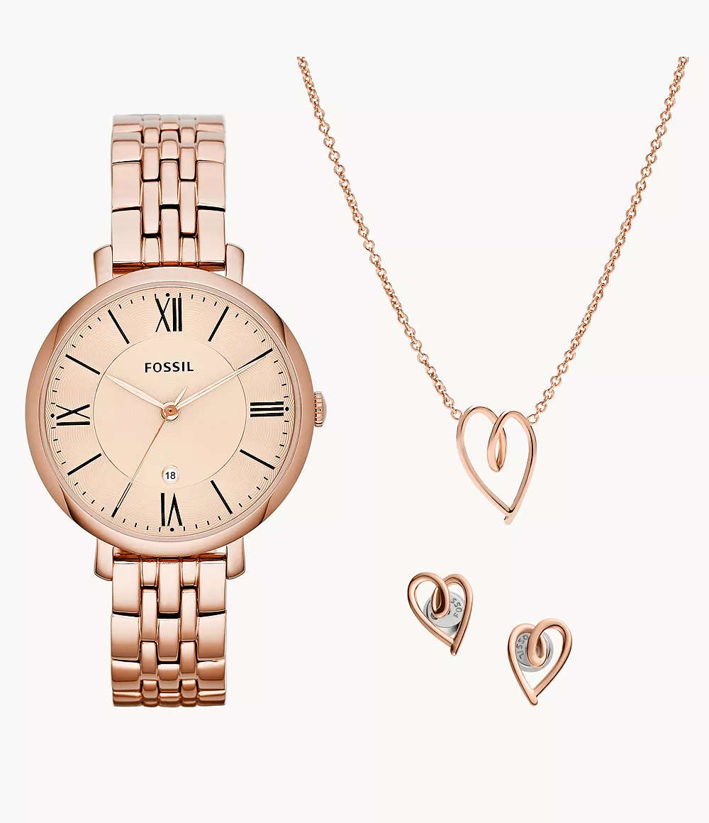 Fossil Jacqueline Three-Hand Date Rose Gold-Tone Stainless Steel Watch and Jewellery Set (ES5252SET)