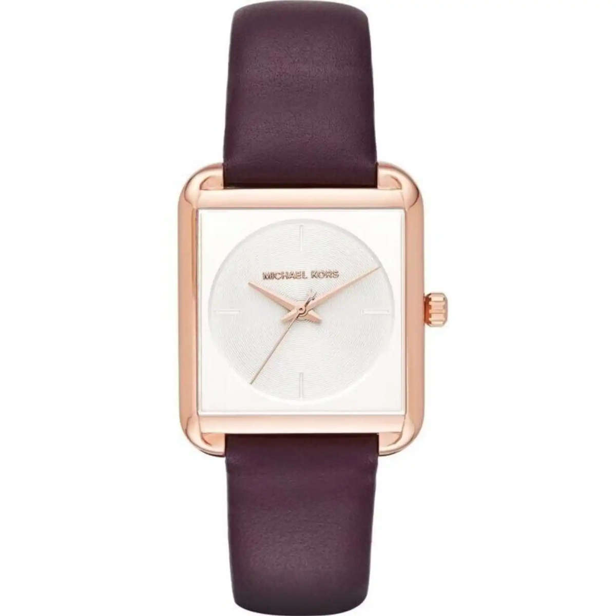 Michael Kors Lake Womens Rose Gold-Tone Square Watch | 32mm Minimalist White Dial with Plum Pu...