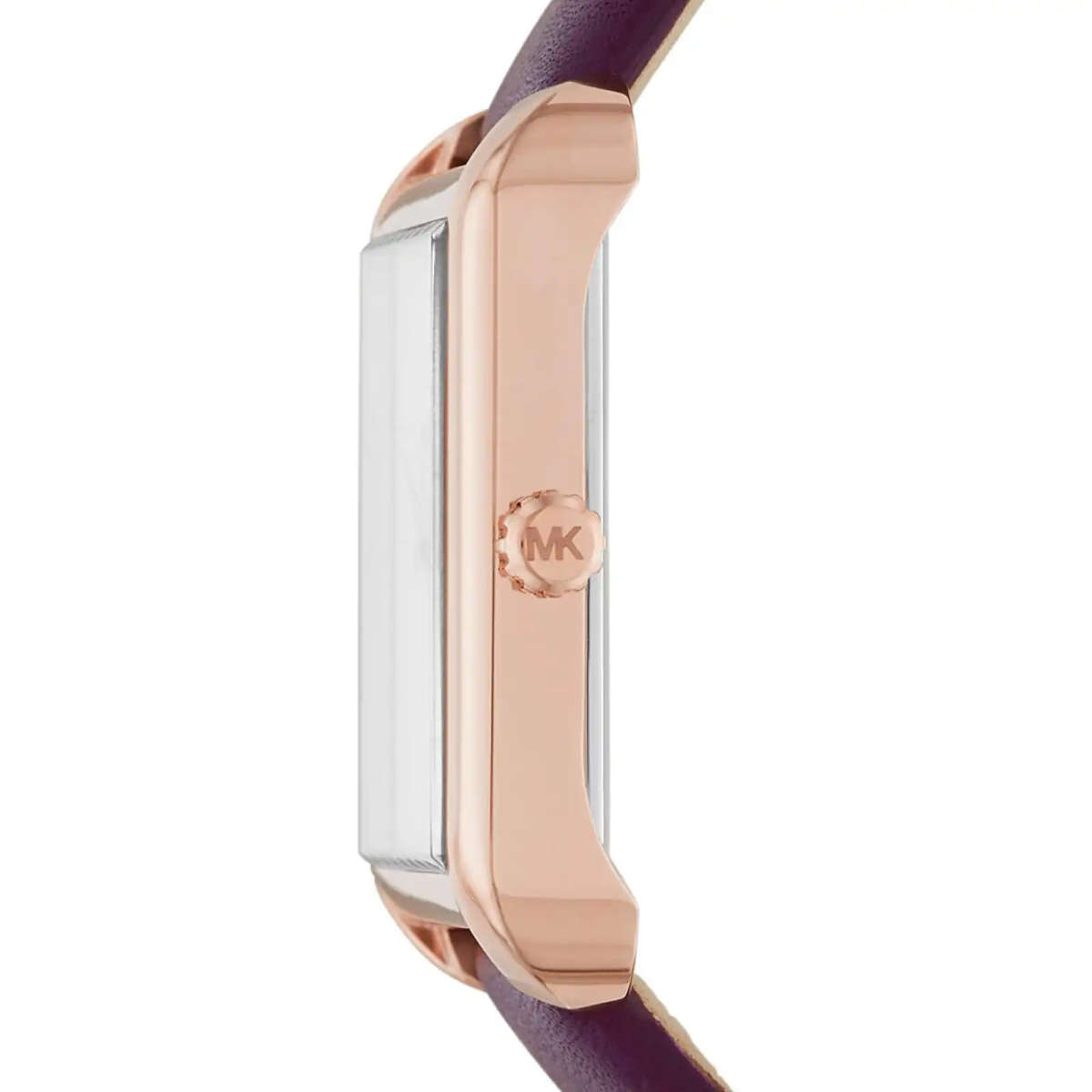 Michael Kors Lake Womens Rose Gold-Tone Square Watch | 32mm Minimalist White Dial with Plum Pu...