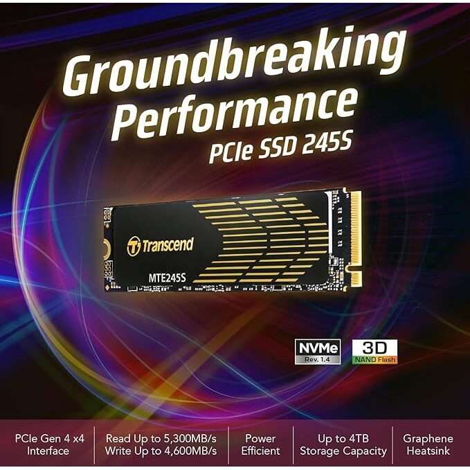 TRANSCEND 1 TB MTE245S PCI-E  GEN 4X4 M.2 NVMe 2280 SSD 3D TLC - 5300 MB/s Read 4600 MB/s Write -...