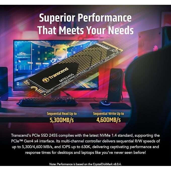 TRANSCEND 1 TB MTE245S PCI-E  GEN 4X4 M.2 NVMe 2280 SSD 3D TLC - 5300 MB/s Read 4600 MB/s Write -...