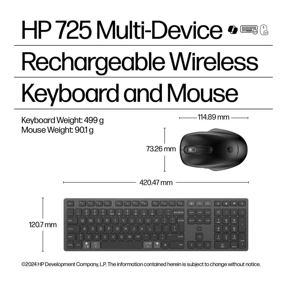HP 725 Multi-Device Rechargeable Wireless Keyboard and Mouse Combo Black
