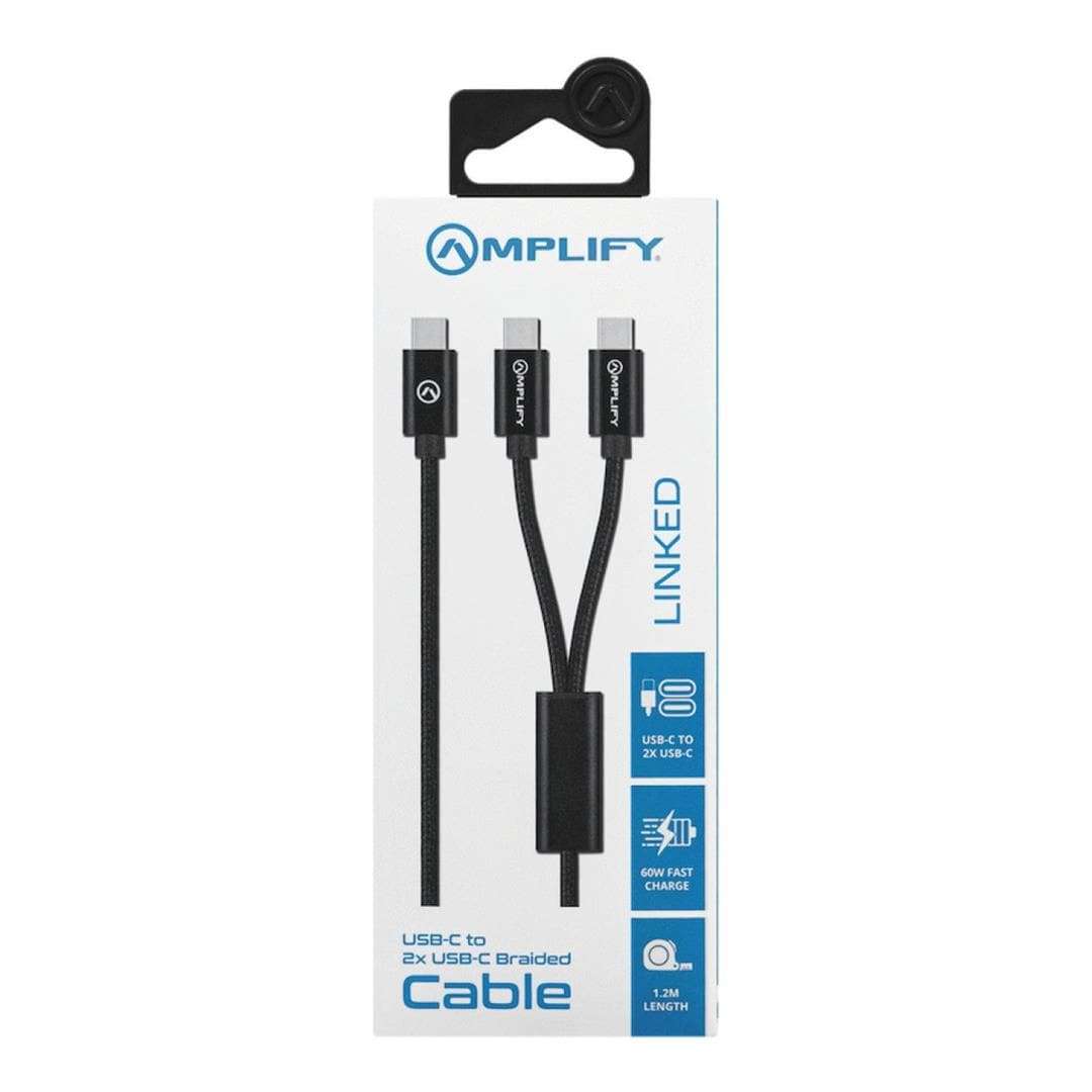 Amplify 1.2m Linked Series USB-C to 2x USB-C Braided Cable Black