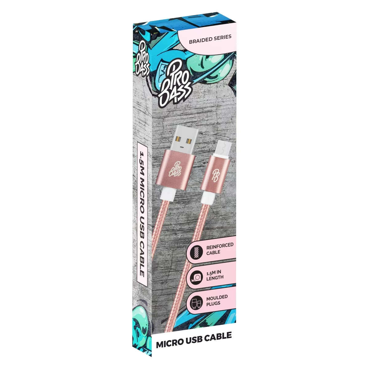 Pro Bass Braided Series 1.5m Micro USB Cable - Pastel Pink