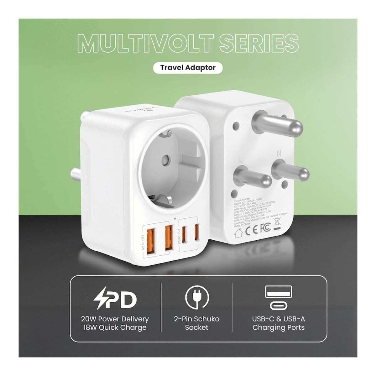 Volkano MultiVolt Series 20W SA Plug to Multi Travel Socket