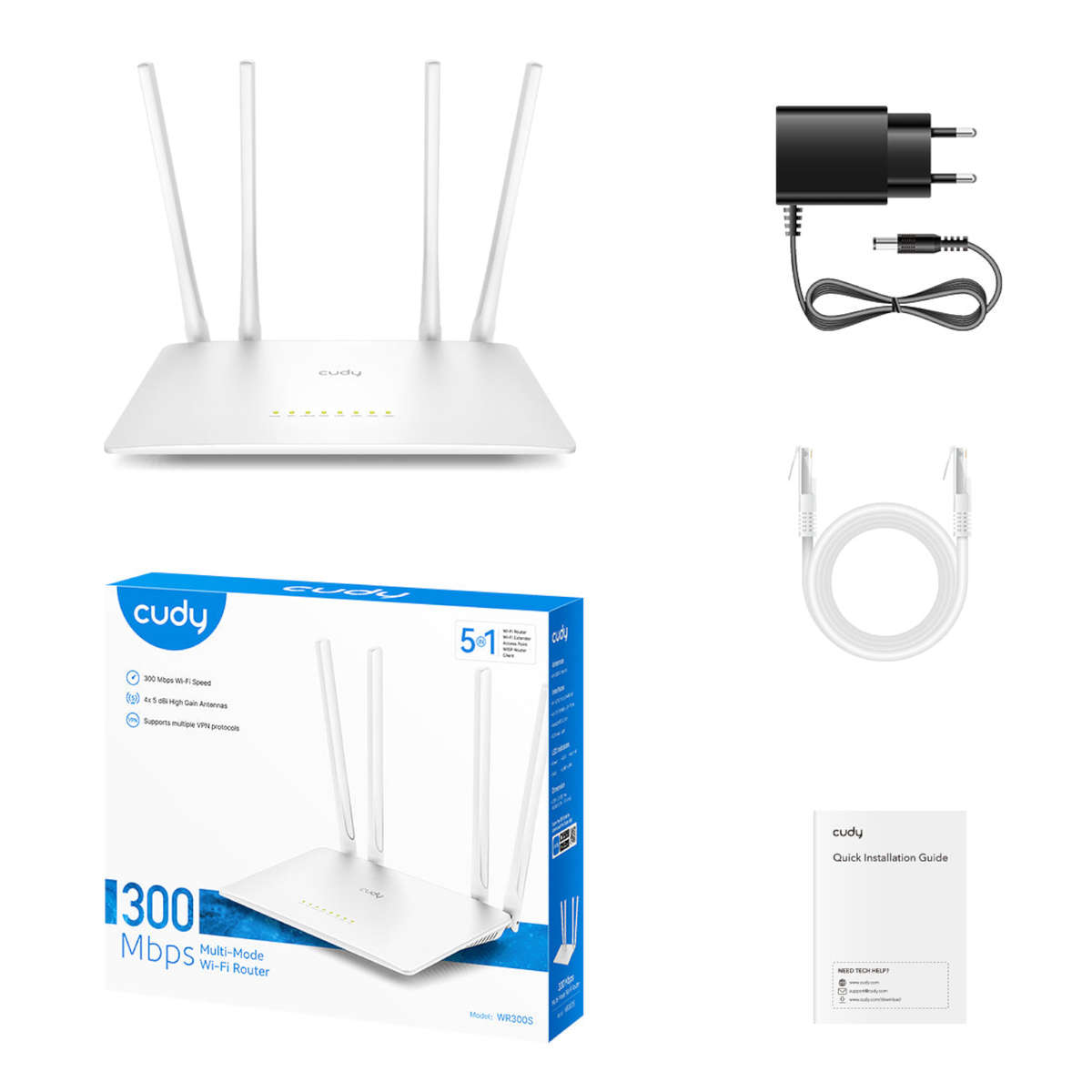 Cudy WR300S 300Mbps 5-Port Wi-Fi 4 Router  White