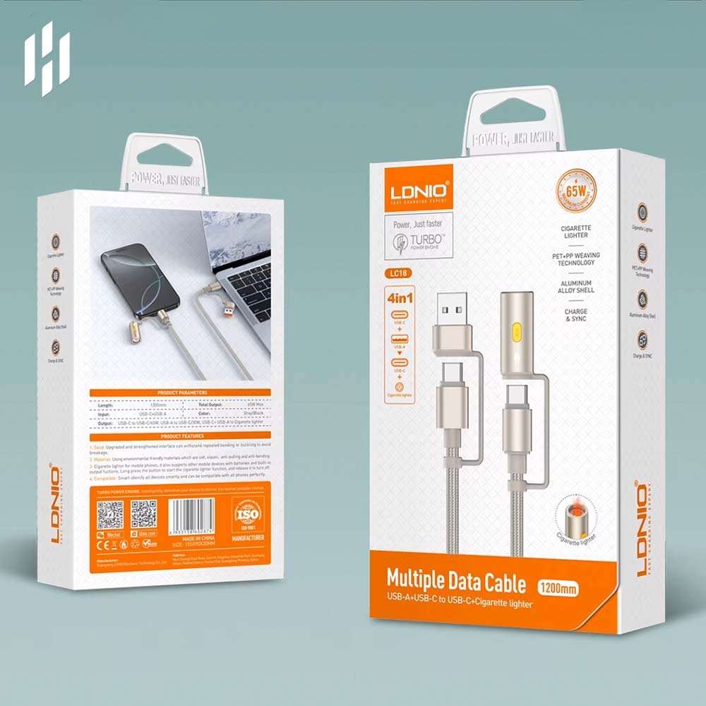 LDNIO LC18 4-in-1 65W Charging Cable with Cigarette Lighter  1.2m