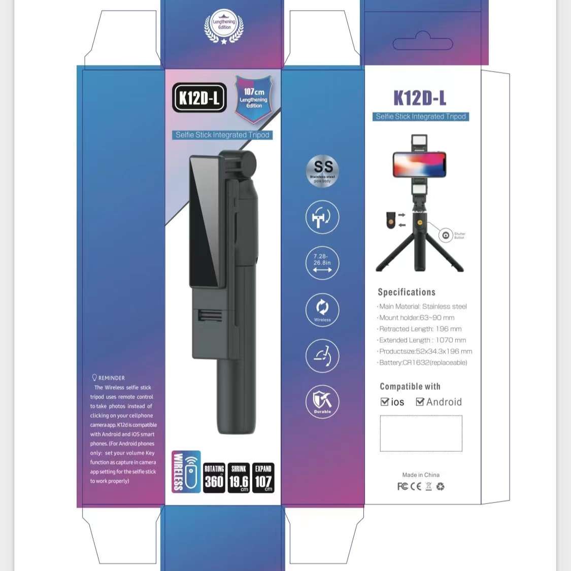 K12D-L W/Twin LED Selfie Stick Tripod