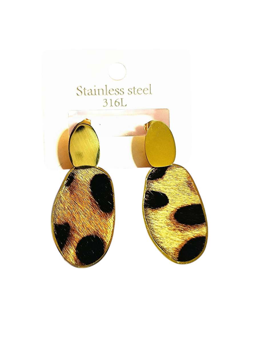 1 Pair Gold earrings Leopard print, Stainless Steel, 47mm