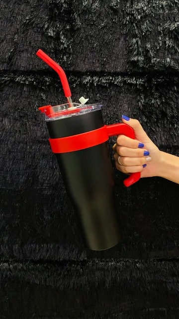 1.2L Tumbler Stainless Steel Vacuum Mug Cup with Handle, Lid & Straw - Black And Red
