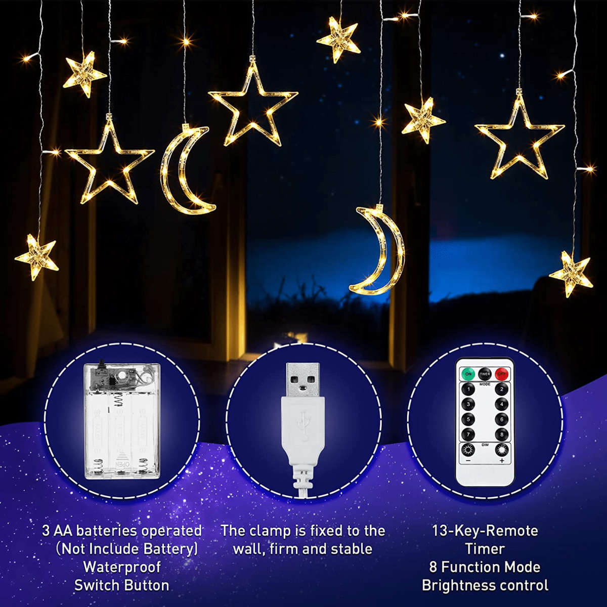 Moon and Star Curtain String Lights (Battery or USB)