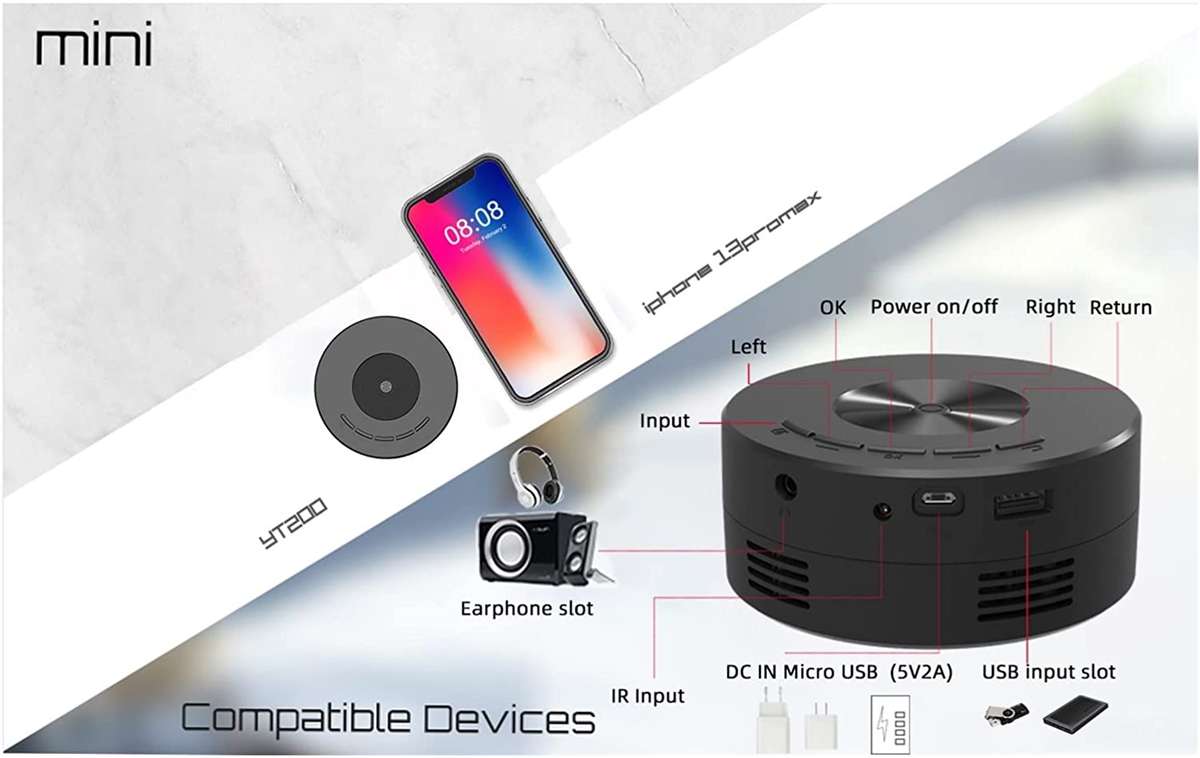 YT200 Mini LED Projector Wire Mirroring Function Loudspeaker Contrast-3000:1