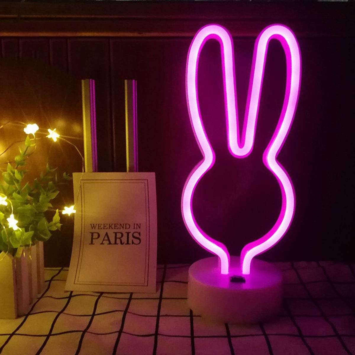 B-13 USB DC Cable or Battery Operated Bunny Ear  Neon Lamp with Base