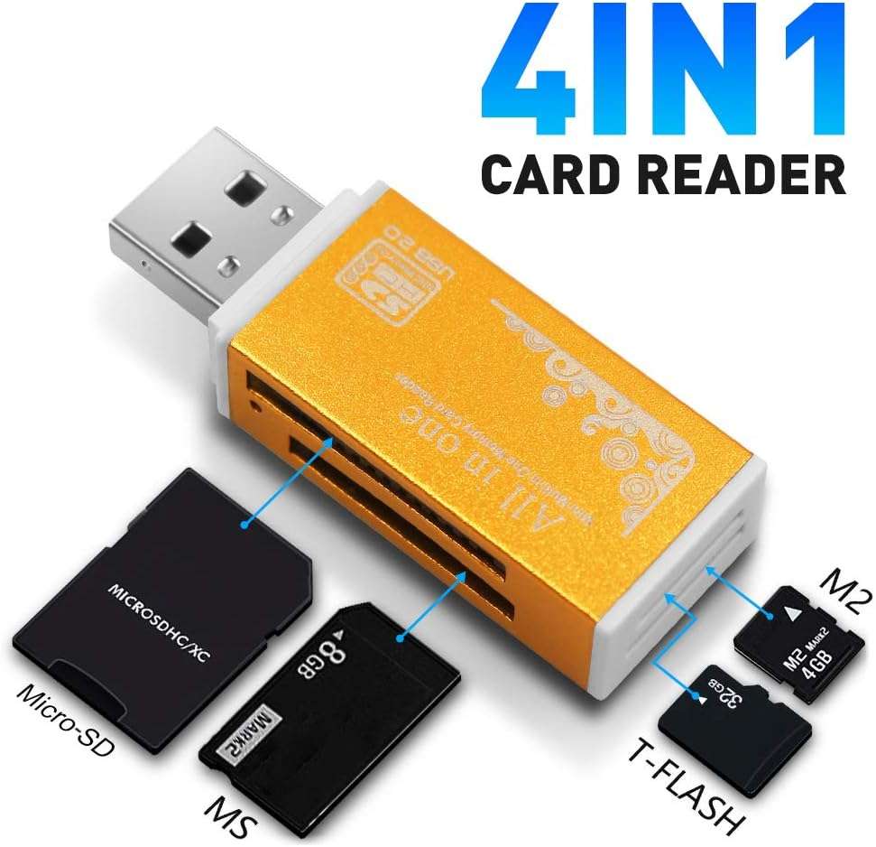 4 in 1 USB Card Reader. Reads SD, Micro SD, Pro Duo And; M2 Memory Cards