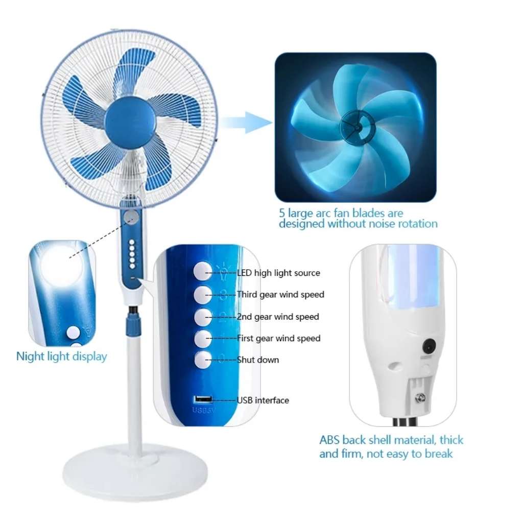 Solar Powered Fan With LED Light And USB Port 16" 20W