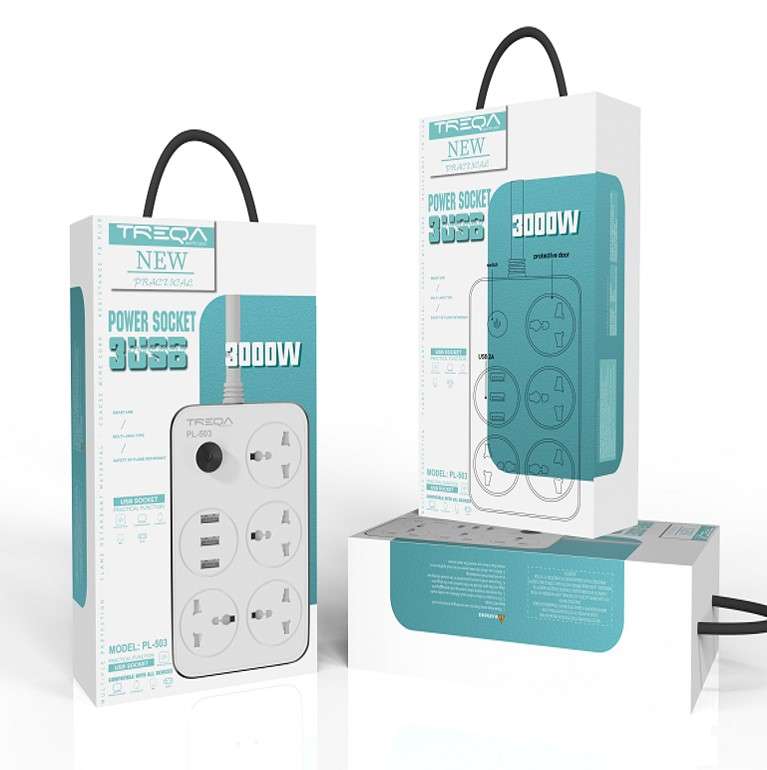 Treqa PL-503 5 Power Socket With 3 USB Port 3000W 2M