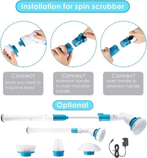 Cordless Tub and Tile Scrubber With 4 Replaceable Cleaning Scrubber Brush