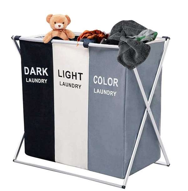 Detachable Foldable Laundry Basket With 3 Colors Separated Compartments