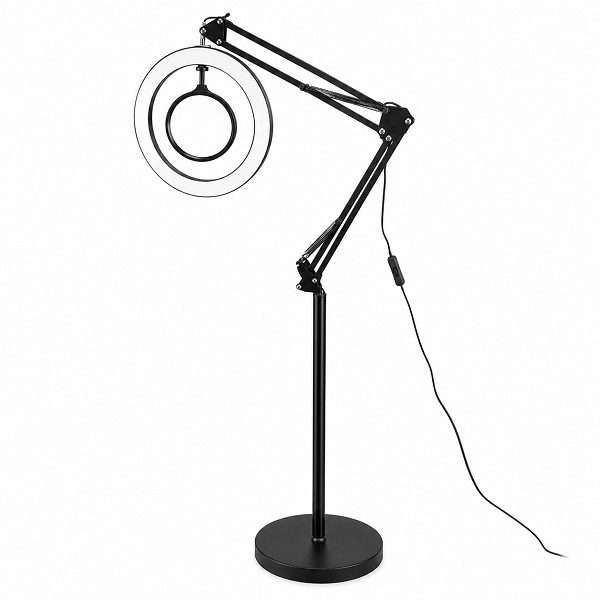 JG20375390 Professional LED Magnifying Floor Lamp with Adjustable Swing Arm, 2 Light Modes &amp; ...