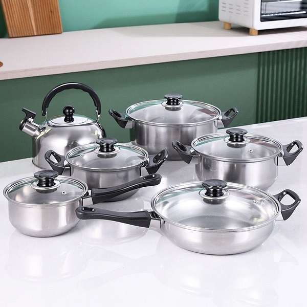 JG23-18 12 Piece Pot Set And Whistling Kettle With Black Handle