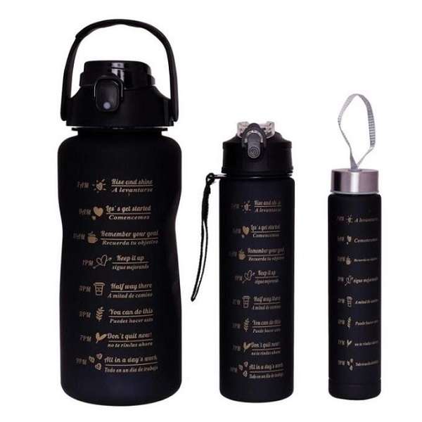 Pack Of 3 Black Motivational Water Bottles