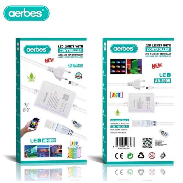 Aerbes AB-E999 LED RGB Strip Lights Controller 10mm 220V With 24 Button Remote Control and BT Con...
