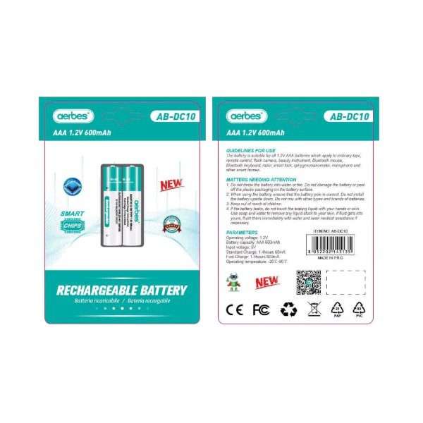 Aerbes AB-DC10 2 Pack AAA Rechargeable Battery