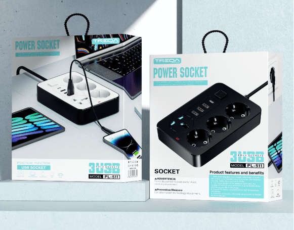 PL-511-2M 5-Way Power Socket with 3 USB Ports &amp; PD Fast Charging