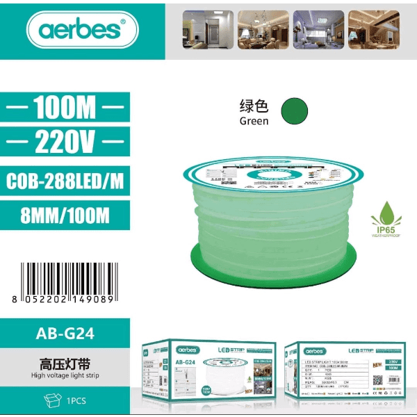 Aerbes AB-G24 COB 288LED/M 220v 100M Cuttable, Single Panel Strip Neon Light Green